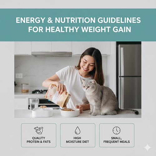 Người phụ nữ cho mèo Anh lông ngắn ăn hạt trong bếp sáng sủa, bên dưới là biểu tượng hướng dẫn dinh dưỡng tăng cân khỏe mạnh