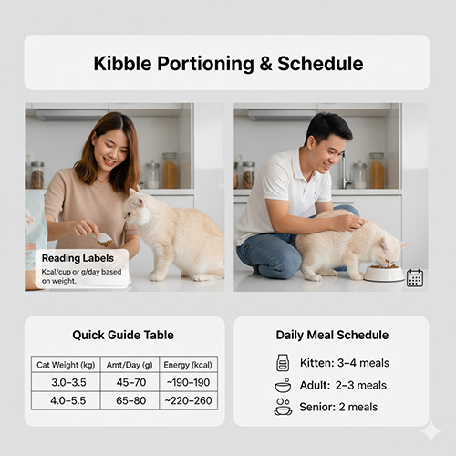 Cặp đôi cho mèo Anh lông ngắn ăn hạt, minh họa bảng định lượng và lịch cho ăn hằng ngày