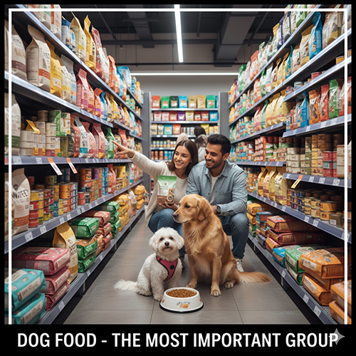 Cặp đôi chọn thức ăn cho chó trong siêu thị với hai chú chó đang ngồi cạnh, xung quanh là kệ đầy sản phẩm