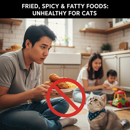 Mèo Anh lông ngắn nhìn đĩa gà rán có biểu tượng cấm đỏ trong khi gia đình ngồi chơi trong bếp.