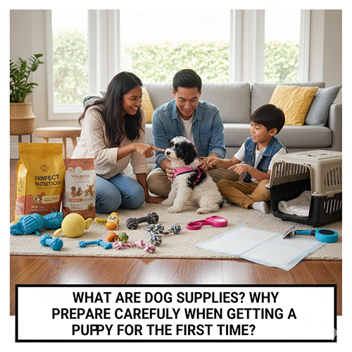 Gia đình chuẩn bị đồ dùng cho chó con gồm thức ăn, đồ chơi, dây dắt và lồng vận chuyển