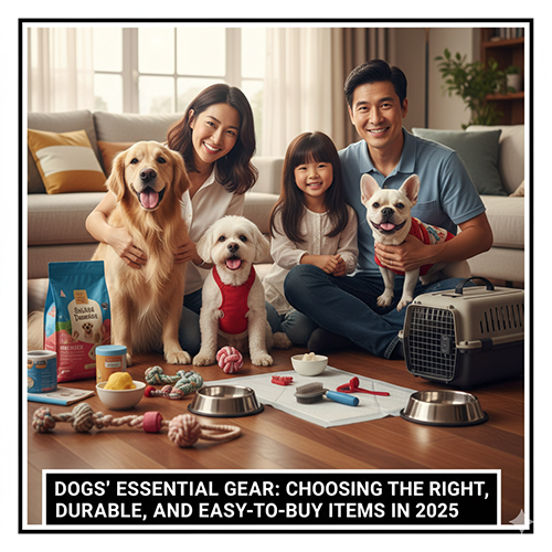 Gia đình cùng các chú chó và đồ dùng thiết yếu như bát ăn, dây dắt, đồ chơi và lồng vận chuyển