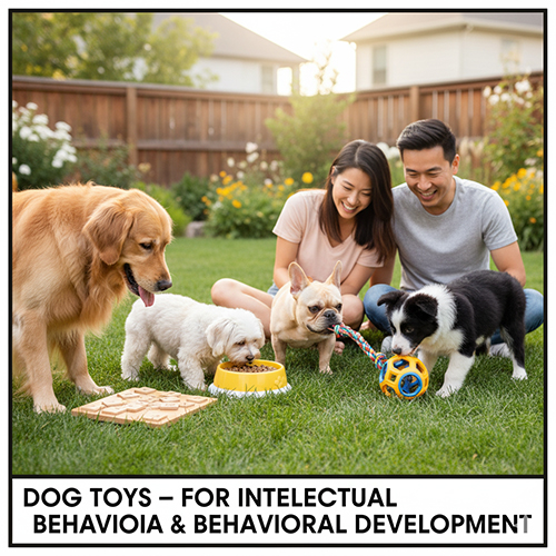 Gia đình chơi cùng bốn chú chó với các món đồ chơi như bóng, đĩa bay và slow feeder trên bãi cỏ