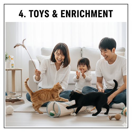 Gia đình chơi với hai chú mèo bằng cần câu lông và đồ chơi lăn, tạo môi trường vui nhộn và kích thích bản năng săn bắt tự nhiên của mèo.