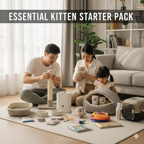 Gia đình chuẩn bị bộ đồ dùng cần thiết cho mèo Anh con gồm khay cát, bát ăn, ổ nằm, đồ chơi và dụng cụ chăm sóc lông