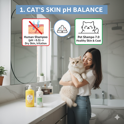 Minh họa độ pH da mèo Anh lông dài và sự khác biệt giữa dầu gội người và sữa tắm thú cưng chuyên dụng