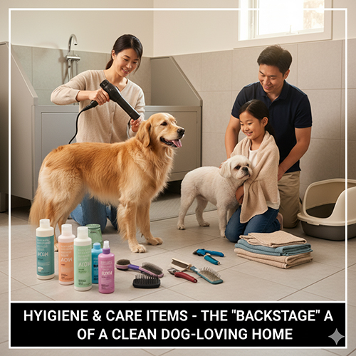 Gia đình tắm và sấy lông cho chó với bộ đồ chăm sóc gồm dầu tắm, lược chải và khăn tắm