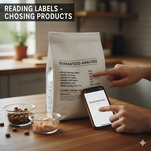 Người nuôi dùng điện thoại kiểm tra bảng Guaranteed Analysis trên bao thức ăn cho chó để chọn sản phẩm phù hợp