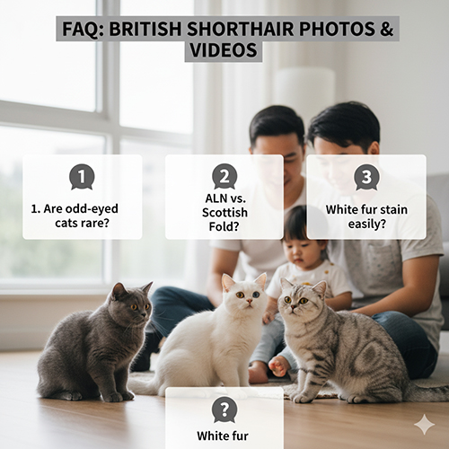Ảnh FAQ mèo Anh lông ngắn với các câu hỏi về odd-eye, phân biệt Scottish, lông trắng và video thật