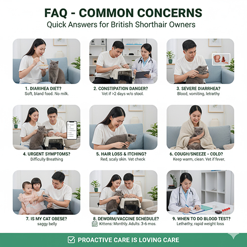 Bộ ảnh minh họa các tình huống chăm sóc mèo Anh lông ngắn khi bị tiêu chảy, táo bón, béo phì, ho cảm, bệnh ngoài da hoặc cần tiêm phòng định kỳ