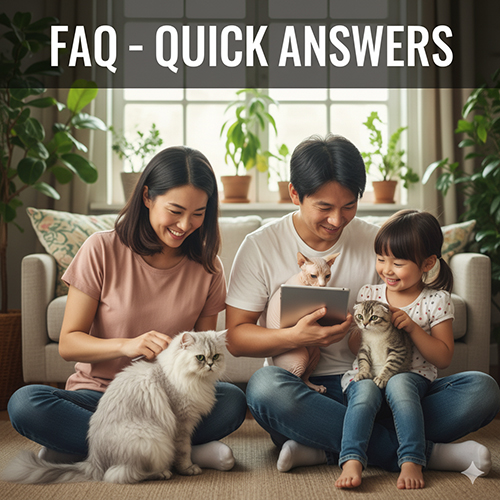 Gia đình cùng xem máy tính bảng và vuốt ve mèo, minh họa cho phần hỏi đáp nhanh về chăm sóc lông mèo.