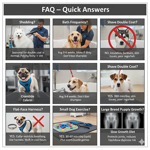 FAQ chọn nuôi & chăm sóc chó: rụng lông, lịch tắm, có nên cạo double coat, yếm cho chó mặt ngắn, vận động chó nhỏ, tăng trưởng chậm cho puppy giống lớn, dấu hiệu cấp cứu, tuổi senior, thực phẩm cấm