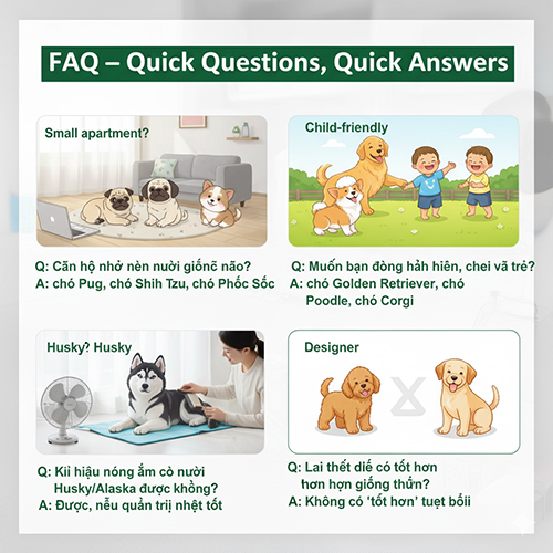 FAQ chọn giống chó nhanh: căn hộ nhỏ, thân thiện với trẻ, nuôi Husky/Alaska ở khí hậu nóng ẩm, lai thiết kế vs giống thuần
