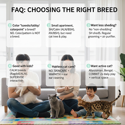 Gia đình cùng các giống mèo khác nhau trong phòng khách, kèm các ô FAQ minh họa hướng dẫn chọn giống mèo phù hợp theo không gian, rụng lông, trẻ nhỏ và tính cách.