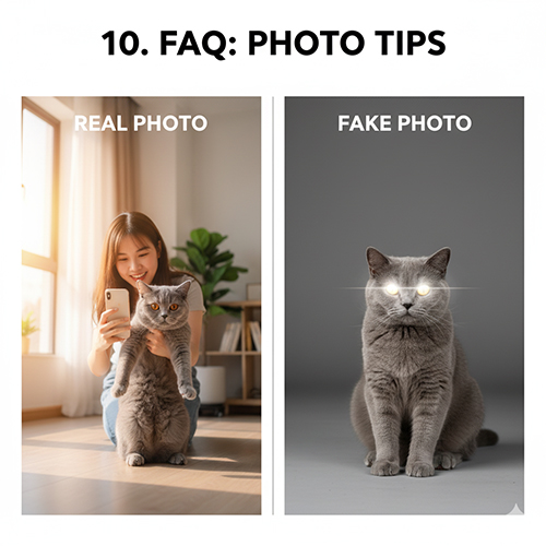 So sánh ảnh mèo Anh thật và ảnh giả: bên trái cô gái chụp mèo Anh trong ánh sáng tự nhiên, bên phải mèo có mắt lóe sáng do chỉnh sửa
