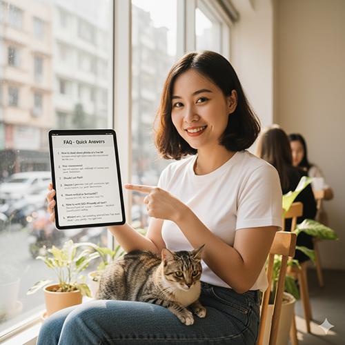 Người phụ nữ ngồi bên cửa sổ sáng, trên đùi có mèo nhỏ, cầm máy tính bảng hiển thị phần hỏi đáp nhanh về chụp và quay video mèo