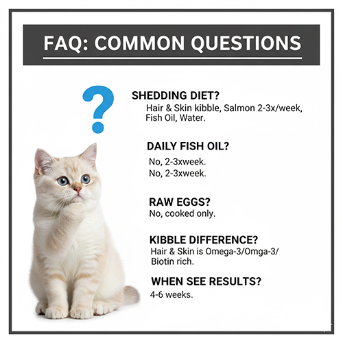 Mèo Anh lông ngắn ngồi nhìn thắc mắc với biểu tượng dấu hỏi, minh họa phần FAQ về chế độ ăn giúp lông đẹp.