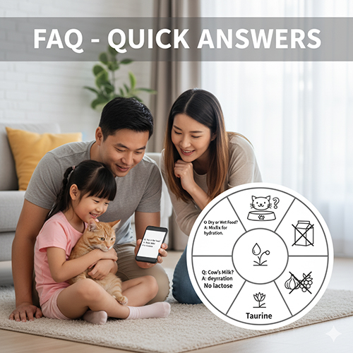 Gia đình ngồi trên sàn cùng mèo, người cha cầm điện thoại hiển thị phần hỏi đáp nhanh, biểu đồ minh họa các chủ đề như taurine, sữa bò, độ ẩm thức ăn.
