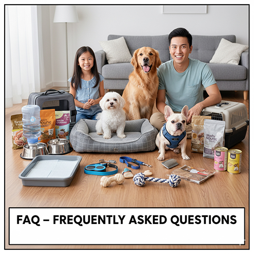 Người cha và con gái ngồi bên cạnh ba chú chó cùng bộ đồ dùng cơ bản như bát ăn, dây dắt, nệm ngủ và đồ chơi