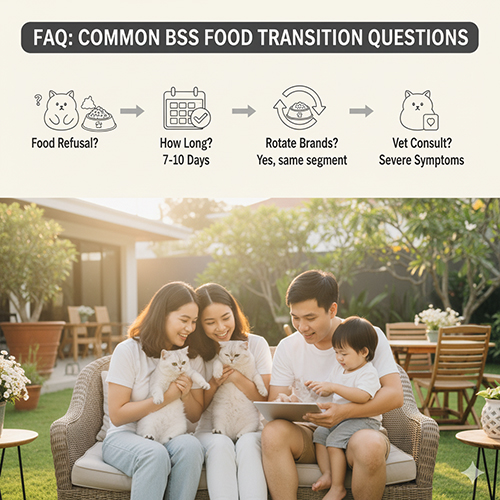 Gia đình ngồi ngoài sân vườn cùng hai mèo Anh lông ngắn, xem hướng dẫn trên máy tính bảng, minh họa phần FAQ về đổi thức ăn
