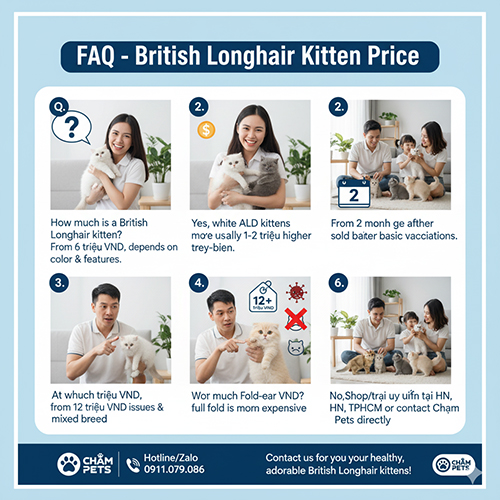 Bộ ảnh minh họa FAQ giải đáp giá mèo Anh lông dài con tại Chạm Pets, gồm sáu khung cảnh khách hàng xem mèo con và nhận tư vấn