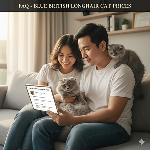 Cặp đôi trẻ ngồi trên sofa cùng mèo Anh lông dài xám, xem bảng giá mèo trên máy tính bảng trong không gian sáng ấm áp