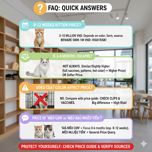 ảnh FAQ nhanh về giá mèo con gồm giá 8–12 tuần, 3–4 tháng, ảnh hưởng màu lông và khác biệt giữa truy vấn