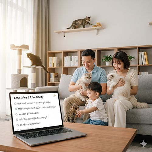 Gia đình bên nhiều mèo đang xem laptop hiển thị FAQ về giá và khả năng chi trả: “1 con mèo giá bao nhiêu?”, “mèo cảnh dưới 500k/1 triệu có nên mua?”, “có nên cọc online?”