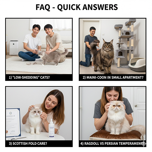 Bộ ảnh minh họa các câu hỏi thường gặp về giống mèo như rụng lông, nuôi Maine Coon trong chung cư, chăm sóc Scottish Fold và so sánh tính cách Ragdoll với Ba Tư