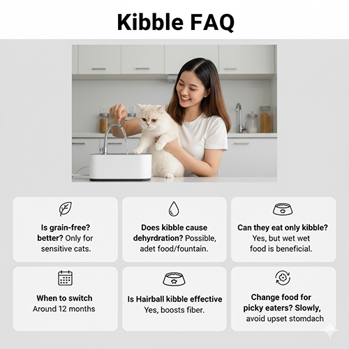 Cô gái cho mèo Anh lông ngắn uống nước từ đài phun, minh họa phần hỏi đáp về hạt cho mèo