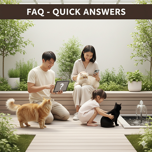 Gia đình cùng ba chú mèo vui chơi ngoài sân vườn, minh họa cho phần hỏi nhanh đáp gọn về sức khỏe mèo