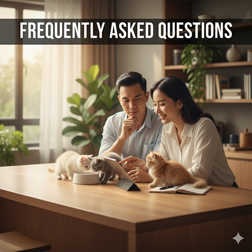 Cặp đôi trẻ ngồi tại bàn cùng đàn mèo Anh con, vừa xem máy tính bảng vừa tương tác với mèo – thể hiện chủ đề hỏi đáp thường gặp về chăm sóc mèo