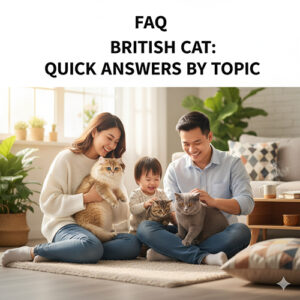 Gia đình vui vẻ cùng mèo Anh lông ngắn và lông dài trong không gian phòng khách ấm cúng, ảnh minh họa cho bài FAQ mèo Anh – giải đáp nhanh theo chủ đề.