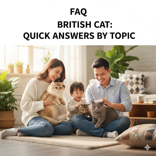 Gia đình vui vẻ cùng mèo Anh lông ngắn và lông dài trong không gian phòng khách ấm cúng, ảnh minh họa cho bài FAQ mèo Anh – giải đáp nhanh theo chủ đề.