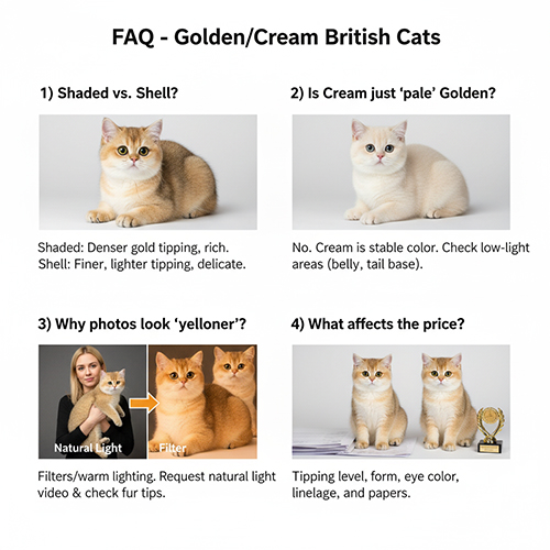 Bốn hình minh họa khác nhau về mèo Anh golden và cream: so sánh shaded vs shell, cream vs golden, ảnh thật và ảnh có filter, cùng yếu tố ảnh hưởng giá.