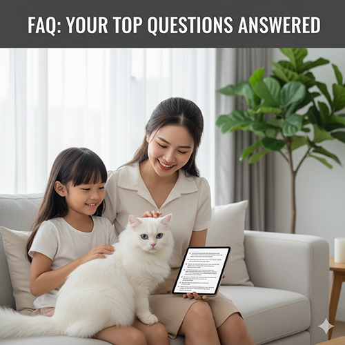 Mẹ và bé gái cùng mèo Anh lông dài trắng trên sofa, đang xem bảng câu hỏi FAQ về chăm sóc và phân biệt mèo trắng