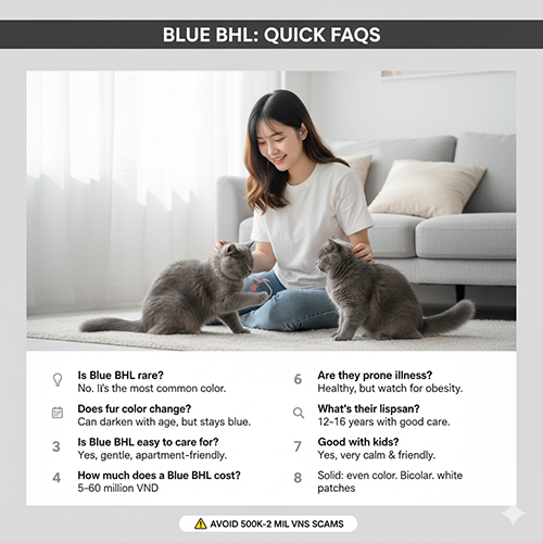 Cô gái ngồi trong phòng khách chơi cùng hai chú mèo Anh lông dài xám, minh họa phần hỏi đáp nhanh về giống mèo ALD màu xám