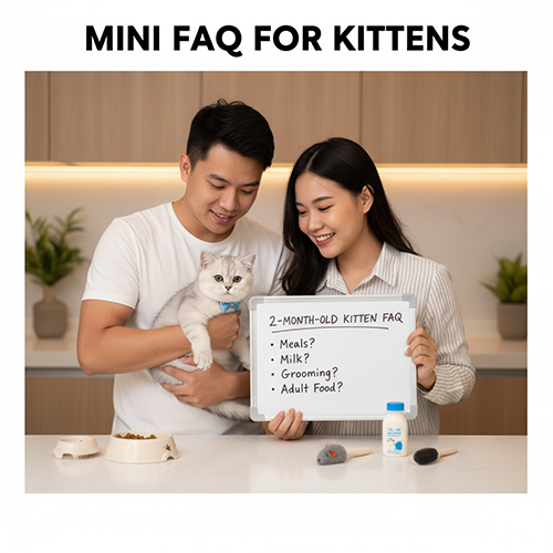 Cặp đôi bế mèo Anh lông ngắn con và cầm bảng ghi câu hỏi thường gặp về chăm sóc mèo 2 tháng tuổi trong bếp sáng sủa