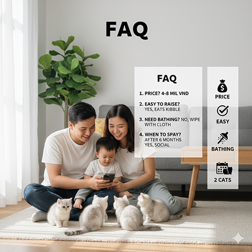 Gia đình trẻ ngồi trên thảm chơi với bốn mèo Anh lông ngắn 3 tháng tuổi, minh họa phần FAQ giải đáp thắc mắc