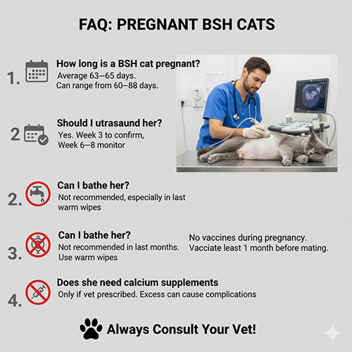 Infographic giải đáp thắc mắc khi mèo Anh lông ngắn mang thai kèm hình ảnh siêu âm tại phòng khám thú y