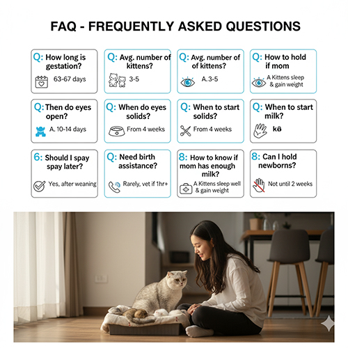 Cô gái trẻ ngồi cạnh mèo Anh lông ngắn mẹ và đàn con sơ sinh trong phòng, minh họa phần FAQ chăm sóc mèo sau sinh