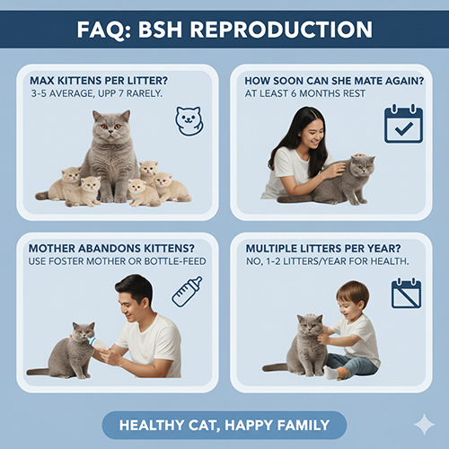 Infographic FAQ về sinh sản mèo Anh lông ngắn, gồm số con mỗi lứa, thời gian phối lại, chăm mèo mẹ và tần suất sinh sản an toàn