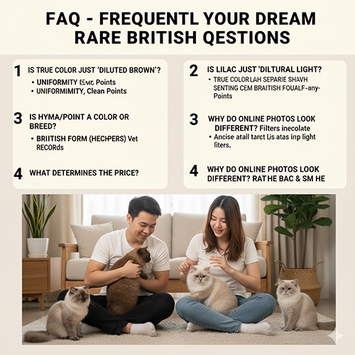 Cặp đôi ngồi trên sàn cùng ba chú mèo Anh màu nâu, lilac và hyma, minh họa phần câu hỏi thường gặp về màu lông hiếm của mèo Anh.