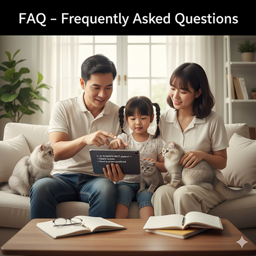 Gia đình cùng ba chú mèo Anh ngồi trên ghế sofa, xem thông tin trên máy tính bảng và trò chuyện vui vẻ.