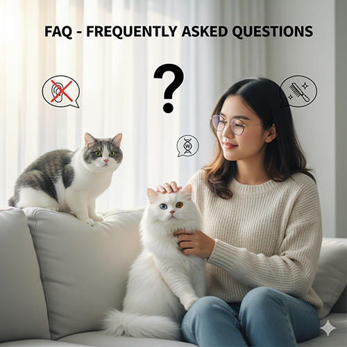 Cô gái ngồi trên ghế sofa cùng hai bé mèo Anh trắng và tuxedo, phía trên có biểu tượng dấu hỏi thể hiện phần FAQ câu hỏi thường gặp