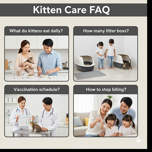 FAQ mèo con – trả lời nhanh về ăn gì mỗi ngày, số khay cát, lịch tiêm–tẩy và cách xử lý cắn cào