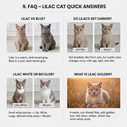 Bảng FAQ minh họa các câu hỏi thường gặp về mèo lilac gồm so sánh với blue, lilac trắng, lilac golden và thay đổi màu theo tuổi