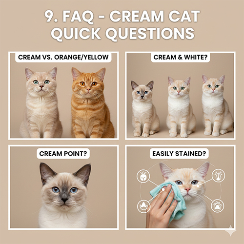 FAQ về mèo màu kem giúp phân biệt kem với vàng cam, kem trắng, cream point và cách giữ màu sạch