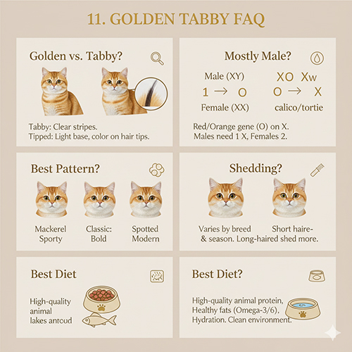 Các câu hỏi thường gặp về mèo mướp vàng gồm màu lông, giới tính, pattern và chăm sóc