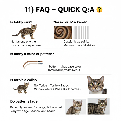Bảng FAQ hỏi đáp nhanh về mèo tabby gồm độ hiếm, phân biệt classic mackerel và torbie calico